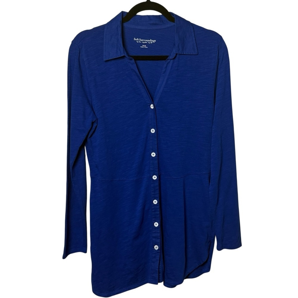 Soft Surroundings SZ S Tunic Top Lightweight Stretch Knit Cobalt Blue Longsleeve